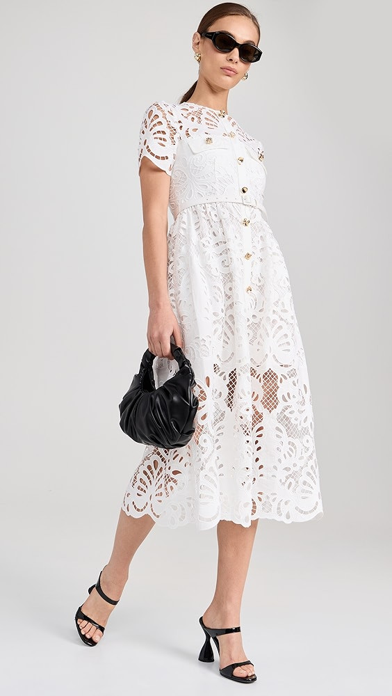 Self Portrait White Cotton Lace Button Midi Dress | Shopbop | Shopbop