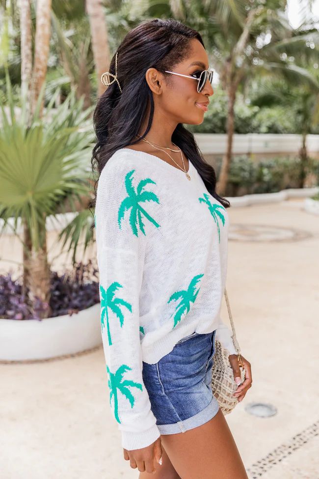 Below The Equator Ivory Palm Print Sweater | Pink Lily