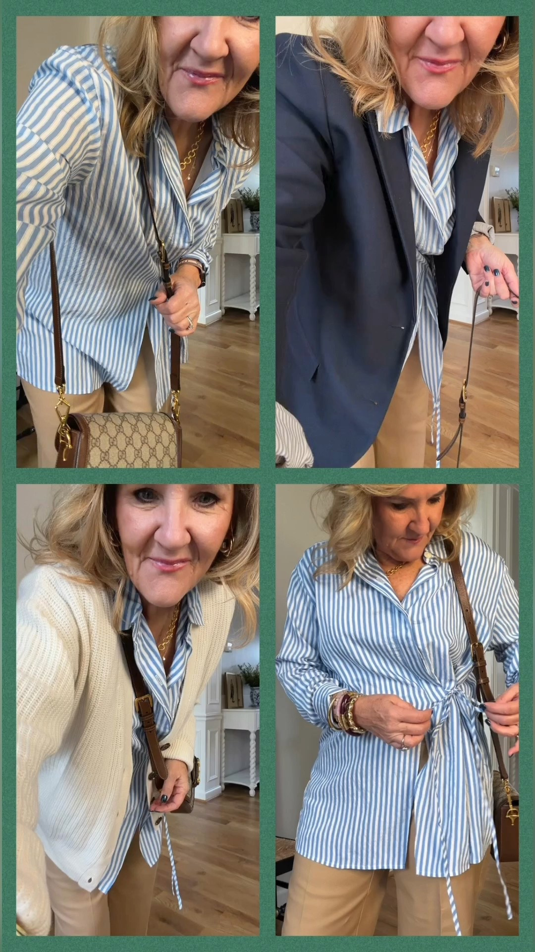 Update your office outfits with these classic pieces but in updated on trend silhouettes

Blouse size medium 
Khakis size 8 
Navy blazer 10 petite 
Cashmere cardigan size medium 
Merlot flats true to size 
Gucci bag. I’ll link a few great bag options too  

#LTKSaleAlert #LTKWorkwear #LTKOver40