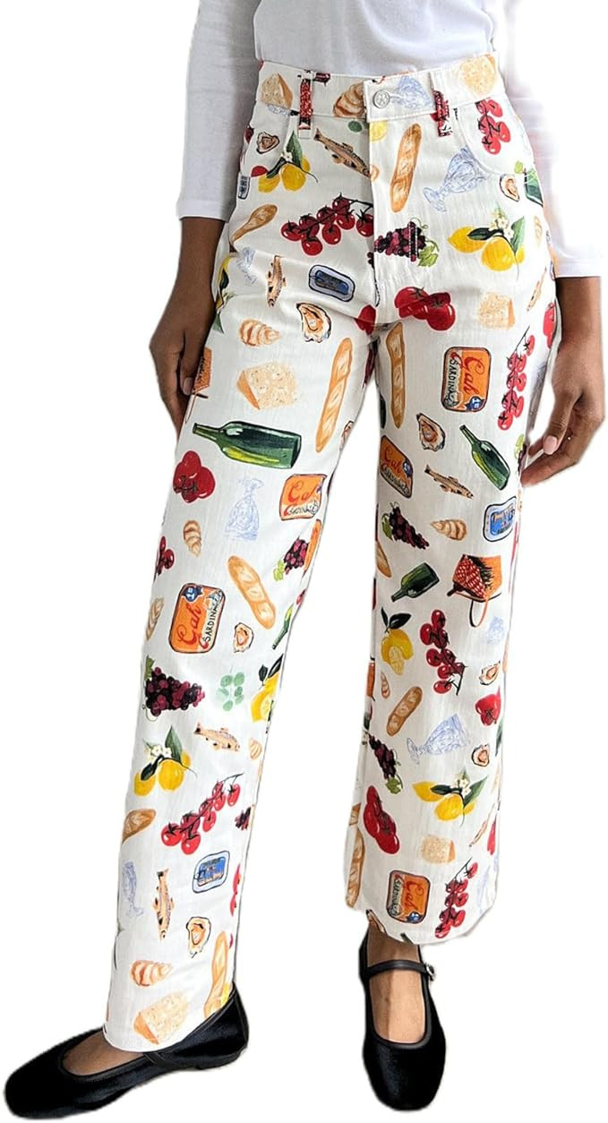 Muineobuka Women Y2k Fruit Print Jeans Graphic Print High Neck Straight Leg Denim Pants Aesthetic... | Amazon (US)