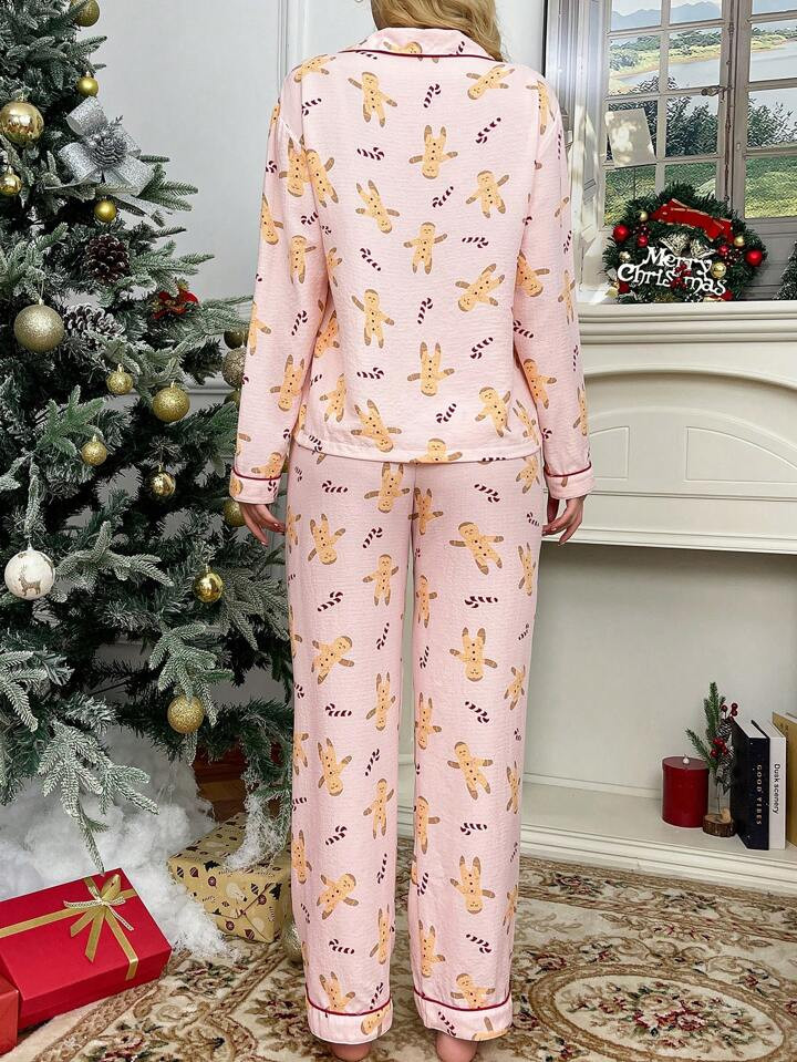 Pink Gingerbread Man Print Christmas Women Pajama Set | SHEIN