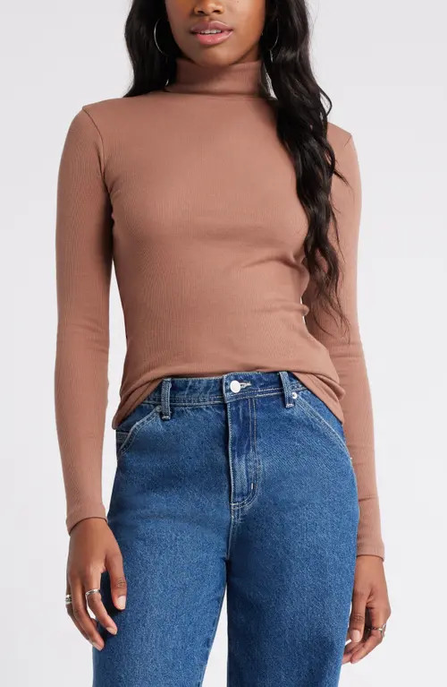BP. Turtleneck Ribbed Top in Brown Topaz at Nordstrom, Size Large | Nordstrom