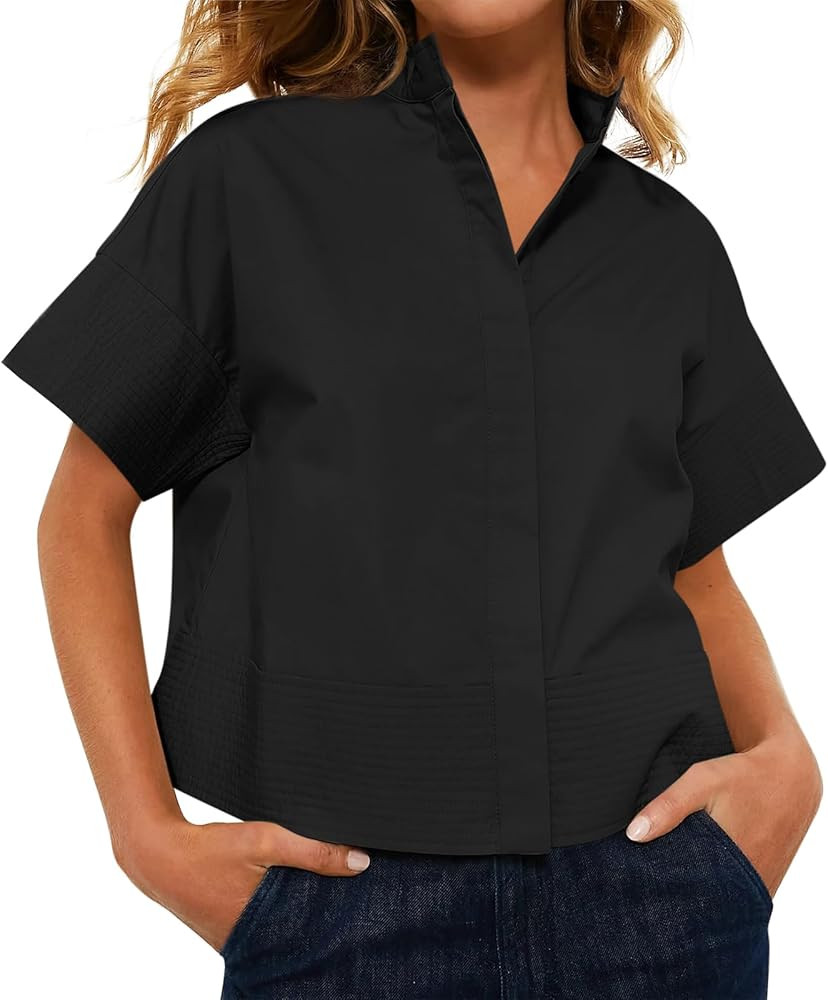 Amazon.com: Cicy Bell Womens Cropped Short Sleeve Button Down Shirts Pleated Summer Dressy Casual... | Amazon (US)