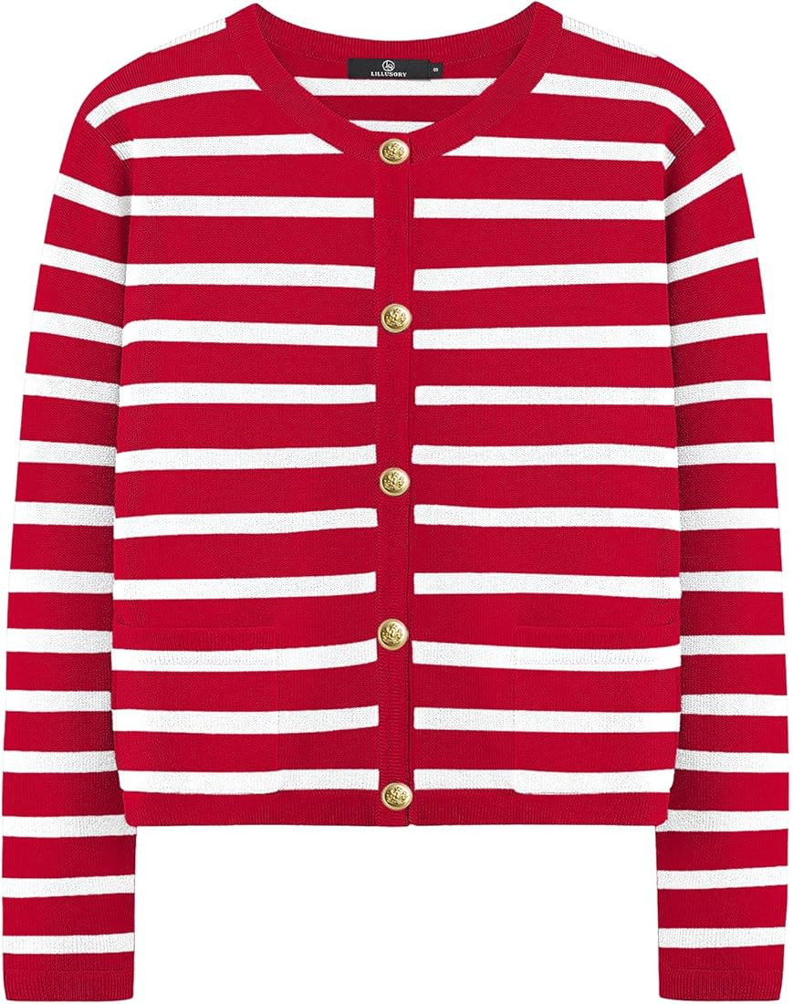 LILLUSORY Women's Crew Neck Gold Buttons Cardigan Sweaters Lady Jacket with Patch Pockets | Amazon (US)