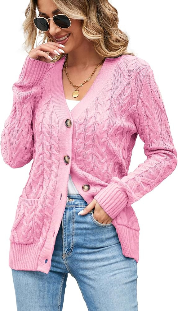 Women's Cable Knit Open Front Button Down Cardigan Sweater Long Sleeve Chunky Fall Sweater Outwea... | Amazon (US)