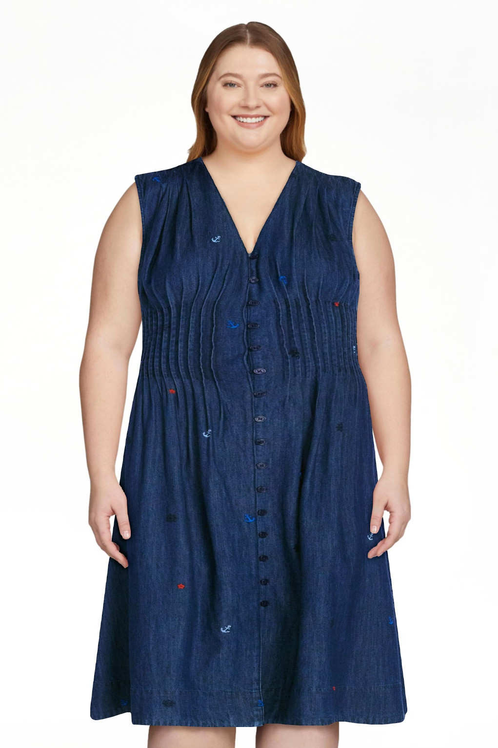 Free Assembly Women's Sleeveless Embroidered Denim V-Neck Midi Dress, Sizes XS-4X | Walmart (US)