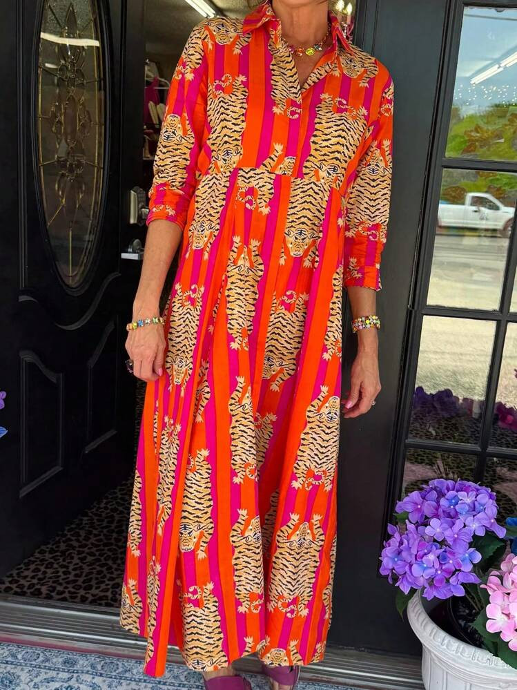 Tiger Print Maxi Dress, Women's Fall Holiday Dress, Button-Down Waist Shirt Dress, Three-Quarter Sleeves, Side Pockets, Lapel | SHEIN