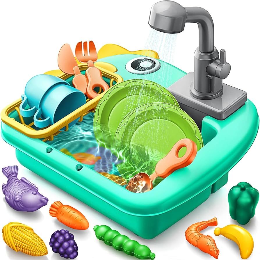 Geyiie Mini Toddler Sink Toy, Play Sink with Running Water, Automatic Water Cycle System and 13Pc... | Amazon (US)