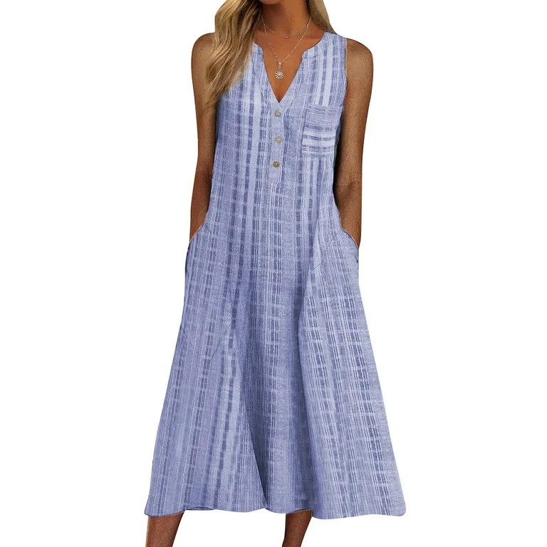 TheFound Women's Plaids Casual Dresses Summer V Neck Button Down Loose Midi Dress Sun Dresses wit... | Walmart (US)