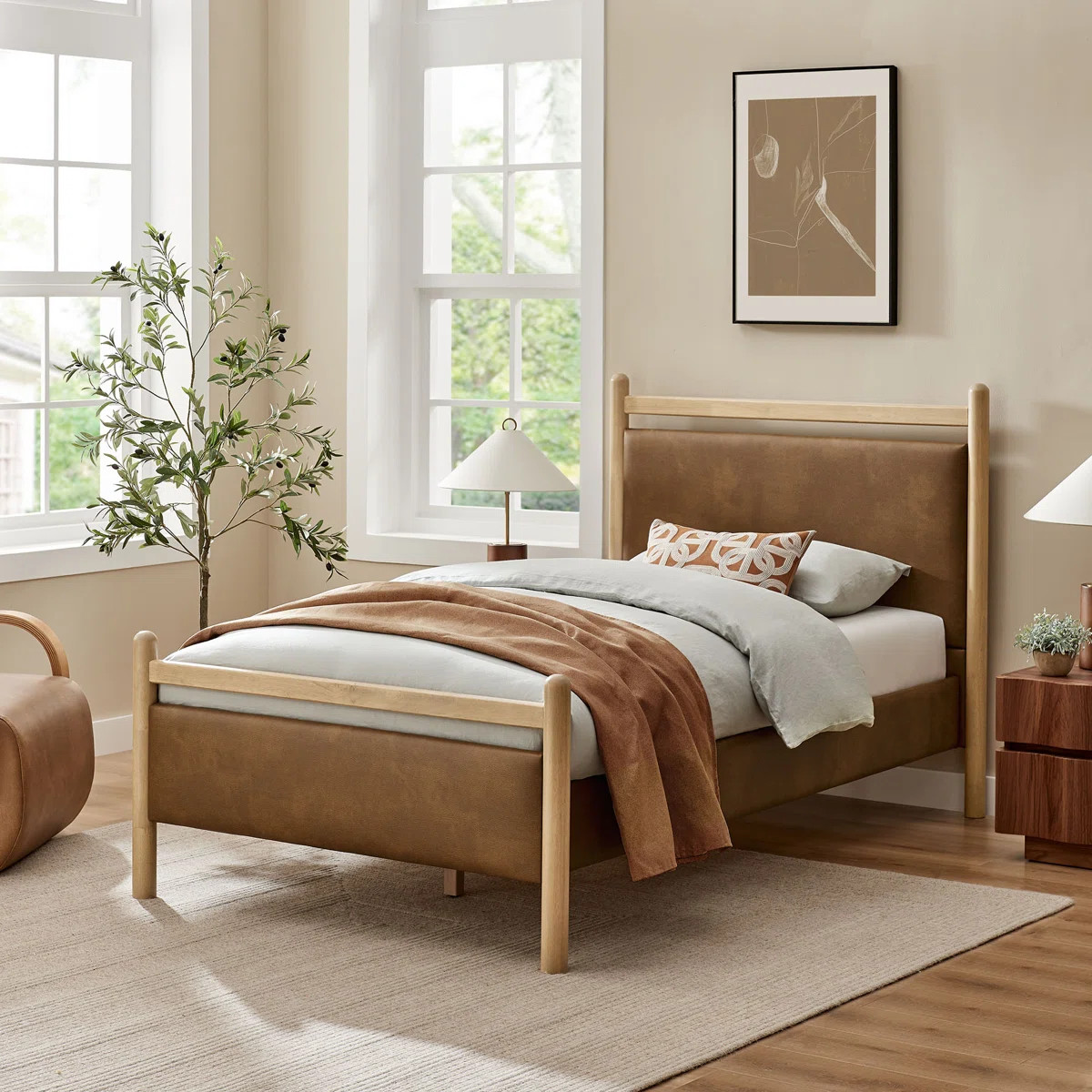 Ginny Twin Size Vegan Leather Platform Bed Frame In Light Oak Canyon | Wayfair North America