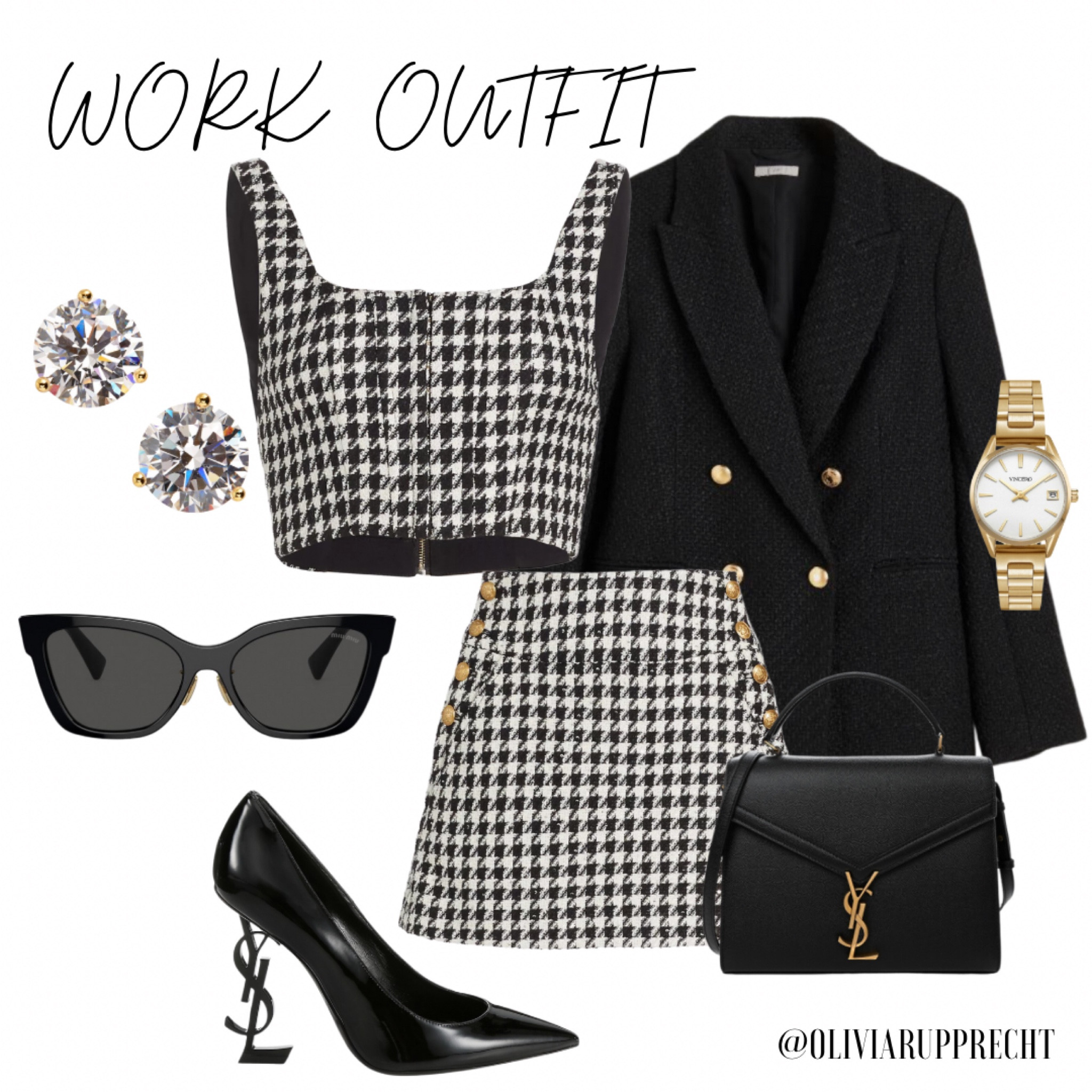 Work outfit | heels | skirt | blazer | purse | sunglasses | watch | earrings | shoes | saks | fashion | style | 

#LTKMostLoved #LTKU #LTKworkwear
