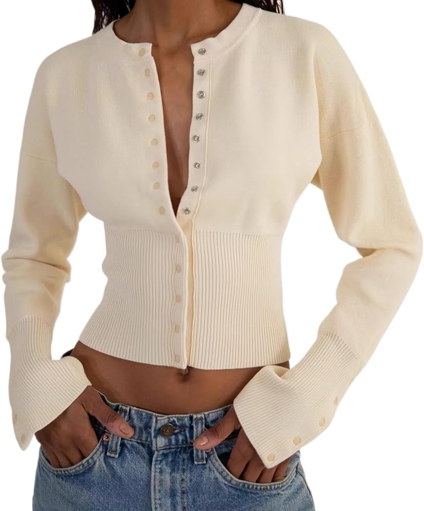 Monkay Womens Cropped Knit Cardigan Sweater Fall Fashion Going Out Tops Slim Fit Long Sleeve Butt... | Amazon (US)