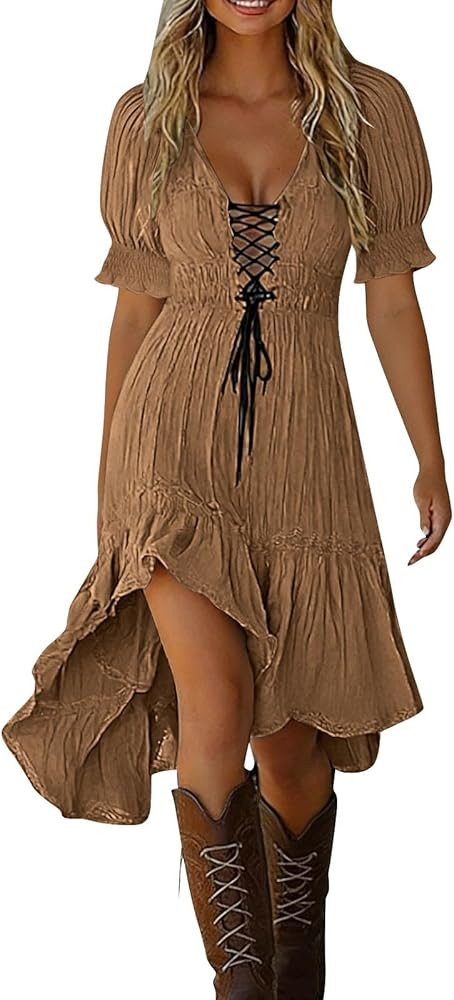 Sexy Flowy Lace Up Dress for Women Asymmetrical Ruffle Hem Summer Short Sleeve Outfits Boho Beach... | Amazon (US)