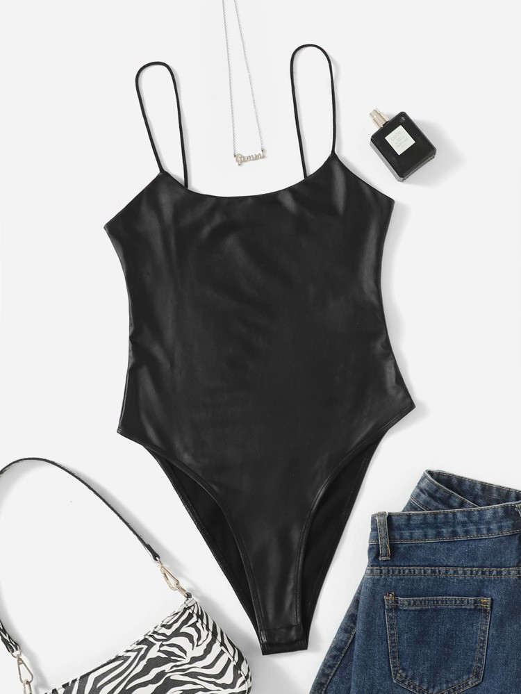 SHEIN Unity Solid Leather Look Cami Bodysuit | SHEIN