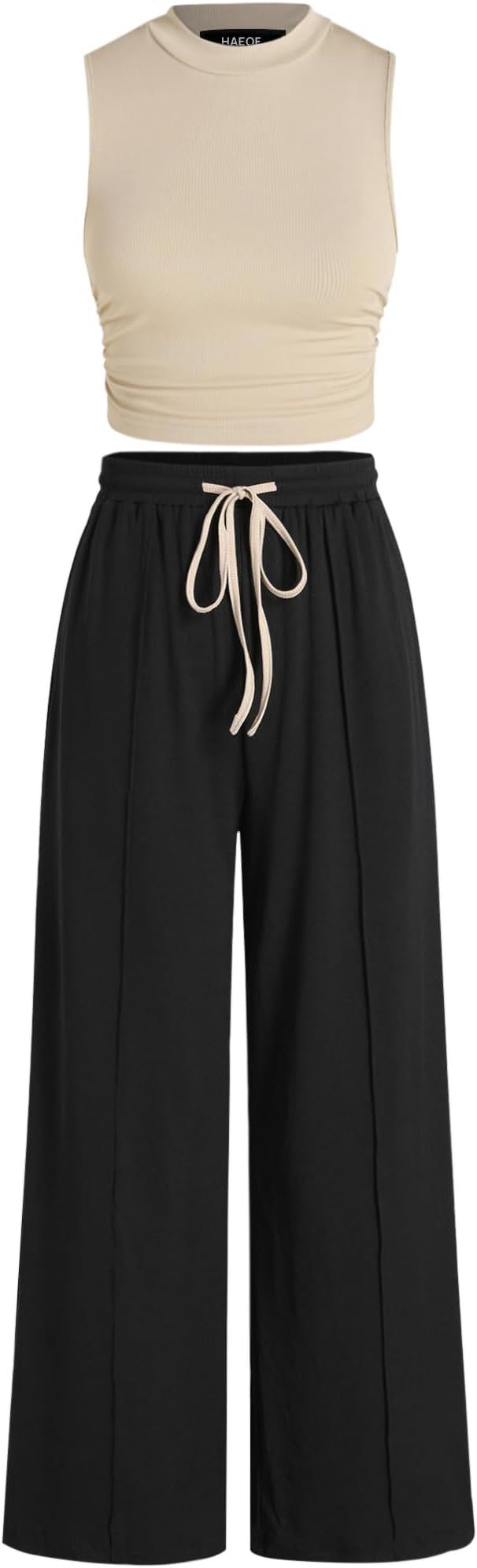 HAEOF Women's Summer 2 Piece Outfits Ribbed Knit Sleeveless Crop Tops Elastic High Waist Wide Leg... | Amazon (US)