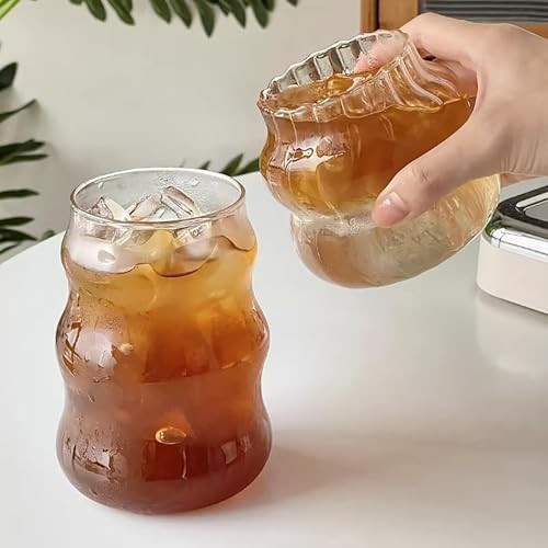 Delphinus 2 Ribbed Glass Cups, 14/18 Ounce Ripple Design Cocktail Glass for Chilled Coffee, Juice and Milk, Vintage Transparent Glassware | Amazon (US)
