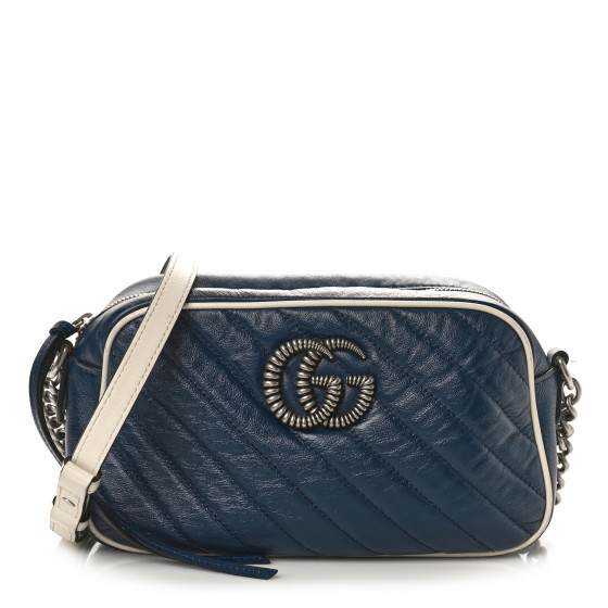 Vintage Effect Calfskin Matelasse Diagonal Small Torchon GG Marmont Chain Shoulder Bag Blue Agata... | FASHIONPHILE (US)