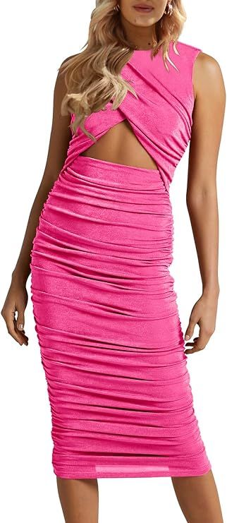 ANRABESS Women's Criss Cross Cutout Ruched Bodycon Dress Sleeveless Crewneck Party Cocktail Midi ... | Amazon (US)