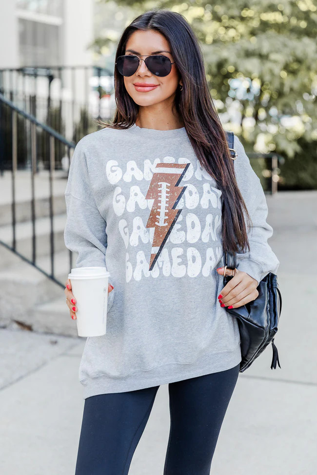 Gameday football Grey Oversized Graphic Sweatshirt | Pink Lily