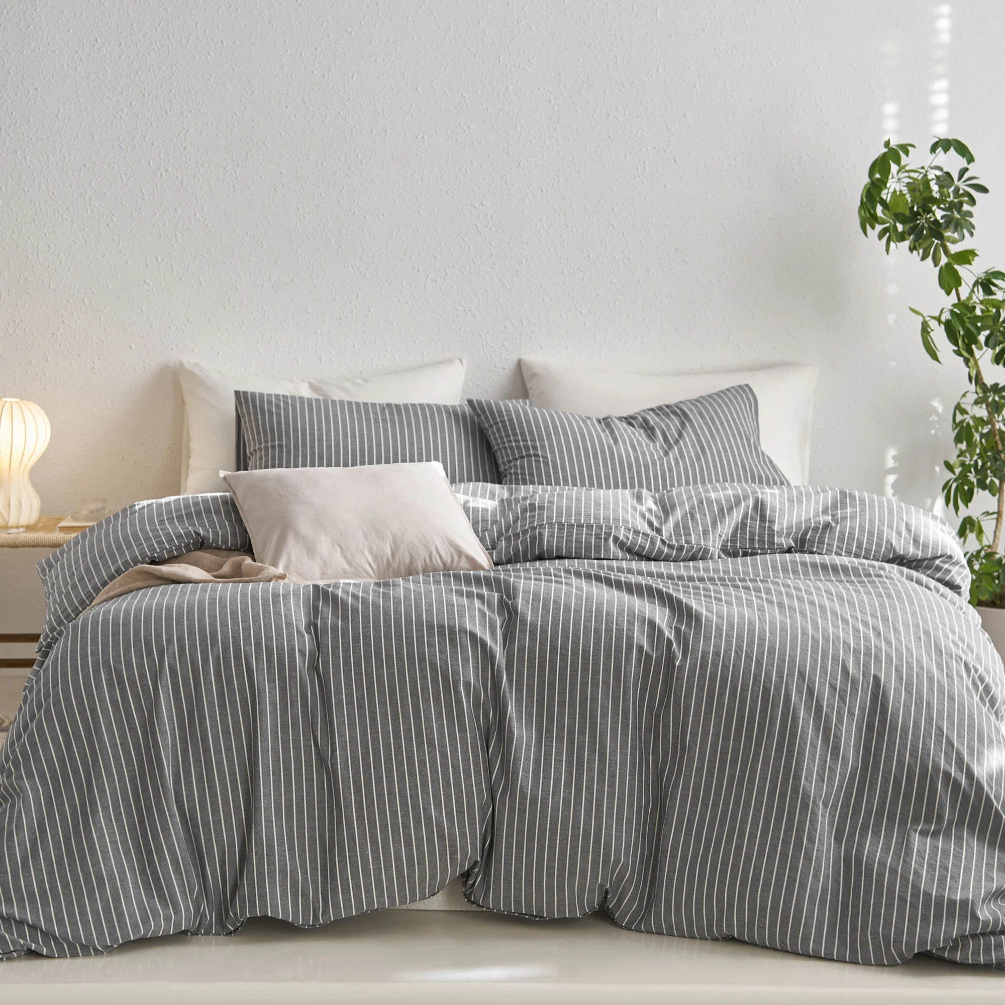MooMee Striped Duvet Cover Set 100% Washed Cotton Linen Like Textured | Wayfair North America