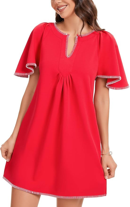 KEOMUD Women's Summer Short Sleeve Mini Dress Casual V Neck Contrast Trim Flowy Shift Dresses wit... | Amazon (US)