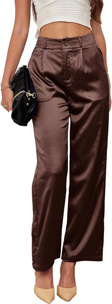 heipeiwa Women's Wide Leg Wedding Party Satin Casual Dress Nightout Pants Long Trouser | Amazon (US)