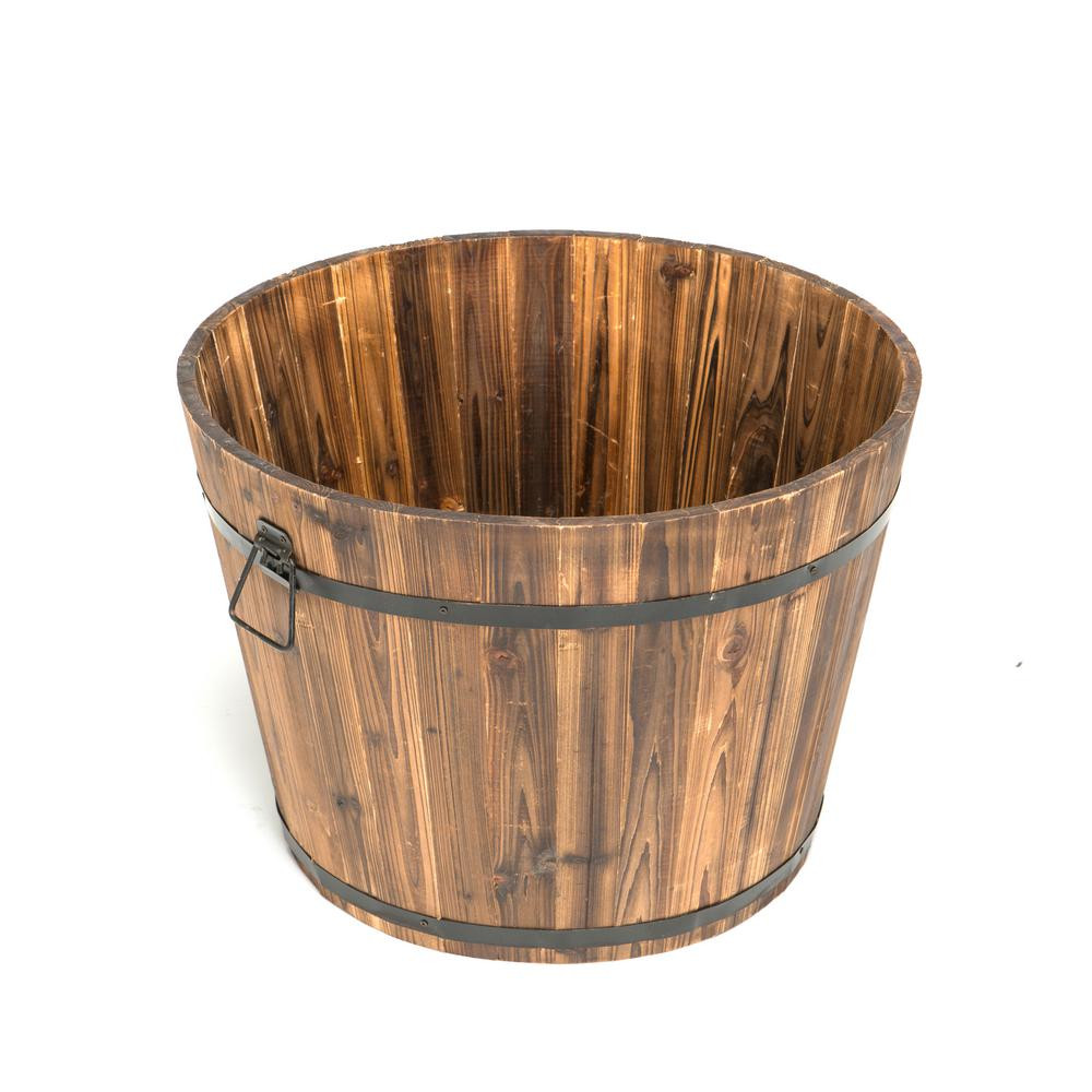 DEVAULT ENTERPRISES 23 in. Dia x 17 in. H Brown Wooden Large Round Whiskey Barrel Planter, Stained w | The Home Depot