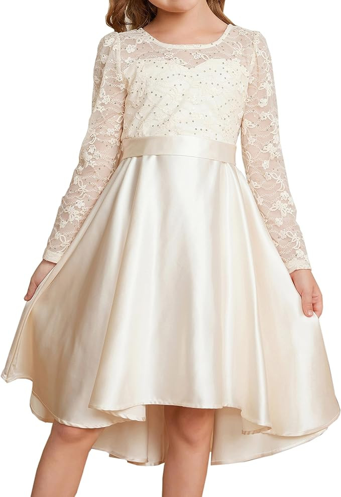 GRACE KARIN Girls Lace Sequin Dress High Low Dress Long Sleeve Wedding Dress for Girls 6-14Y | Amazon (US)