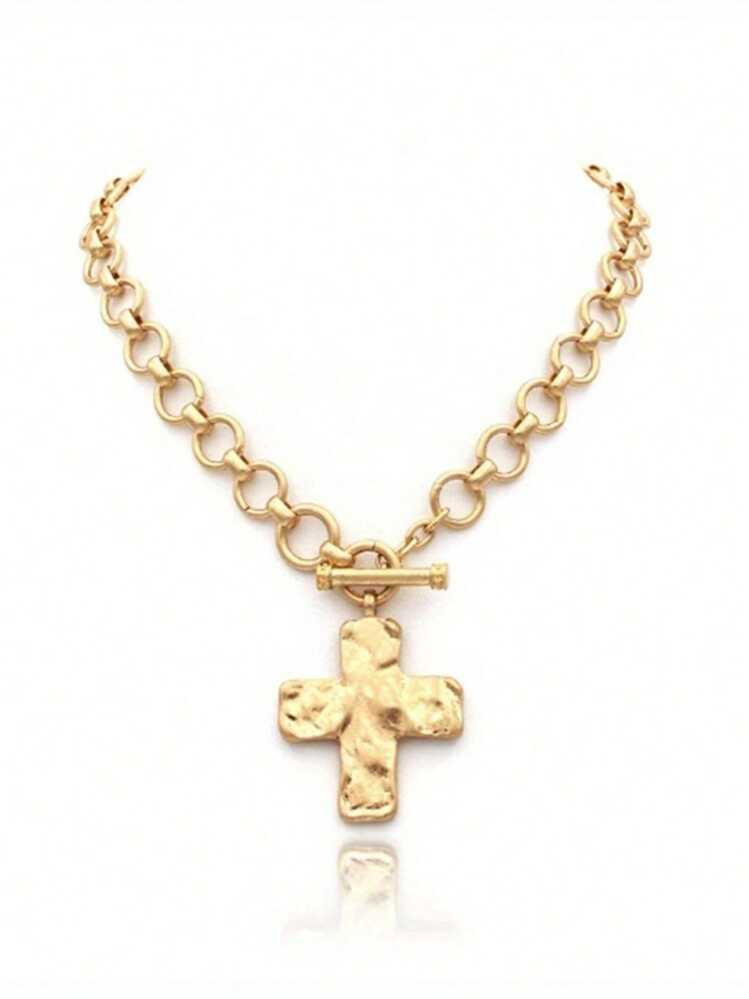Hammered Bold Cross Necklace Thick Chain Set For Women Men Chunky Golden Silvery Statement Pendant Necklace Vintage Chain Pendant Jewelry Gifts | SHEIN