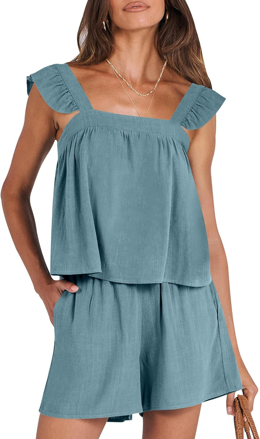 ANRABESS Womens 2 Piece Outfits Linen Set 2024 Summer Cami Sleeveless Crop Top Shorts Vacation Ma... | Amazon (US)