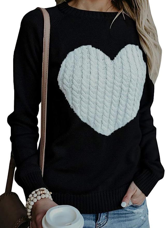 Women's Pullover Sweaters Long Sleeve Crewneck Cute Heart Cable Knitted Jumper Tops | Amazon (US)