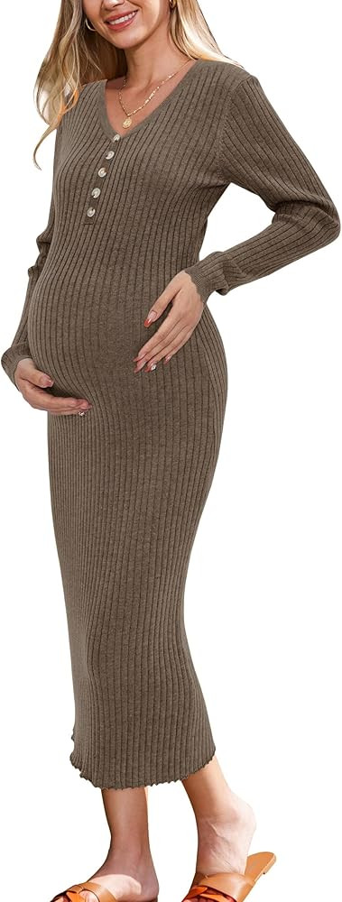 OUGES Women's Wool Blend 2024 Fall Maternity Sweater Dress V Neck Long Sleeve Slim Fit Ribbed Kni... | Amazon (US)