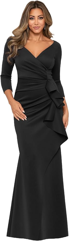 Xscape Women's Long 3/4 Sleeve V-Neck Side Ruched Gown (Reg and Petite) | Amazon (US)