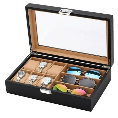 FASHIONWT Watch Box Eyeglass Sunglass Organizer With Glass Box Carbon Fiber Jewelry Case Box 6 Slots | Walmart (US)