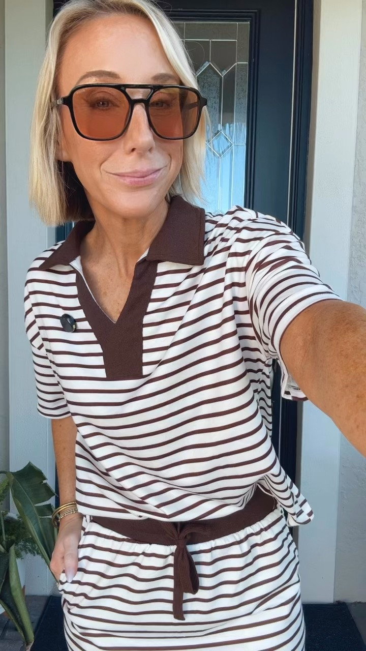 My bus stop ootd:
• striped polo skort set - size small. 
• sandals - tts. 
• sunglasses & bracelets linked.

#LTKSeasonal #LTKOver40 #LTKootd