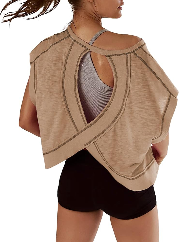 Women Short Sleeve Workout Shirts Open Back Tops Casual Yoga Y2k Athletic Gym Slouchy Crop Runnin... | Amazon (US)