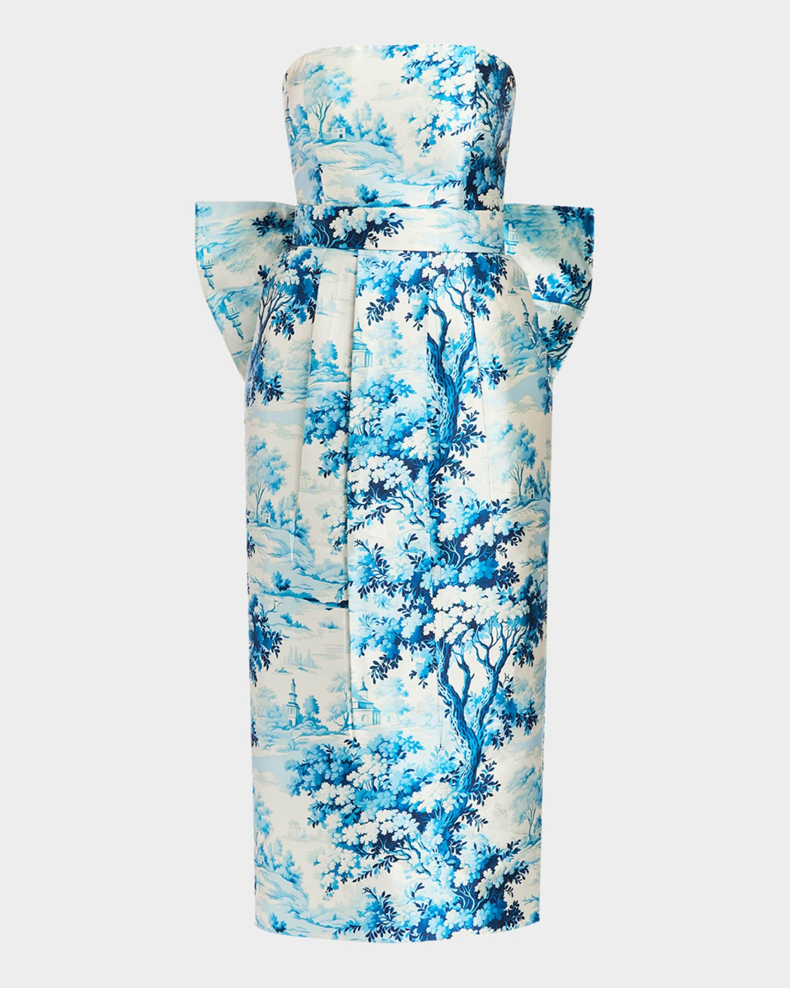 Lorena Strapless Toile-Print Bow Midi Dress | Neiman Marcus