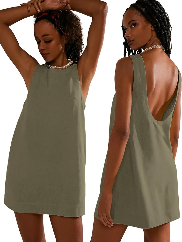 VIUTIL Womens Summer Linen Mini Dress Boat Neck Low Back Sleeveless Tank Dresses with Pockets 202... | Amazon (US)