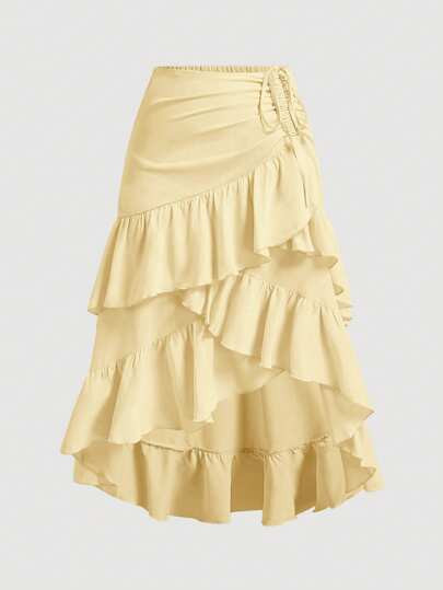 SHEIN MOD Plus Size Yellow Asymmetric Ruffle Hem Drawstring Pleated Layered Party Skirt | SHEIN