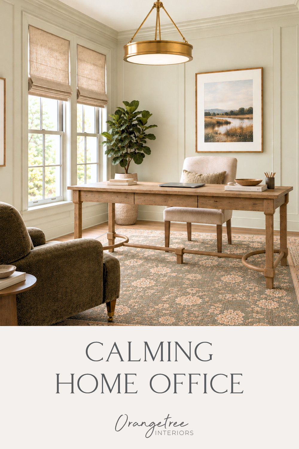 A calming home office with a warm, collected feel. Soft neutral walls, a classic wood desk, woven Roman shades, a vintage-inspired rug and warm brass lighting create a peaceful workspace that feels comfortable, polished and inviting. Natural textures, landscape artwork and greenery add warmth and character while keeping the room relaxed and uncluttered. Shop the furniture, lighting, rug, artwork and home office decor used to create this look.

#affiliate #HomeOffice #HomeOfficeIdeas #CalmingHomeOffice #HomeOfficeDesign #NeutralHomeOffice #WorkFromHomeOffice 

 #LTKHome