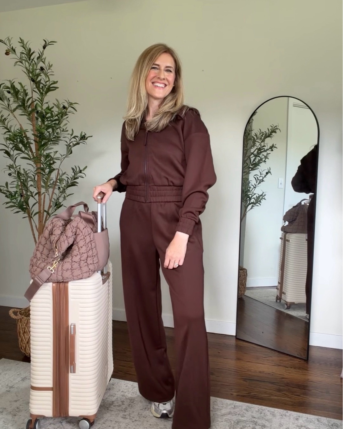 Walmart wide leg athleisure pants and matching zip hoodie jacket, love this color and the fit. I did a small in both, didn’t feel like I needed to size up to medium in these. #walmartfashion