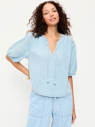Short-Sleeve Beaded Denim Top | Old Navy (CA)