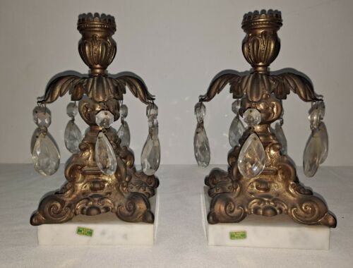Pair Of Vintage Brass And Crystal Prisms Candle Holders Italian Marble Bases  | eBay | eBay US