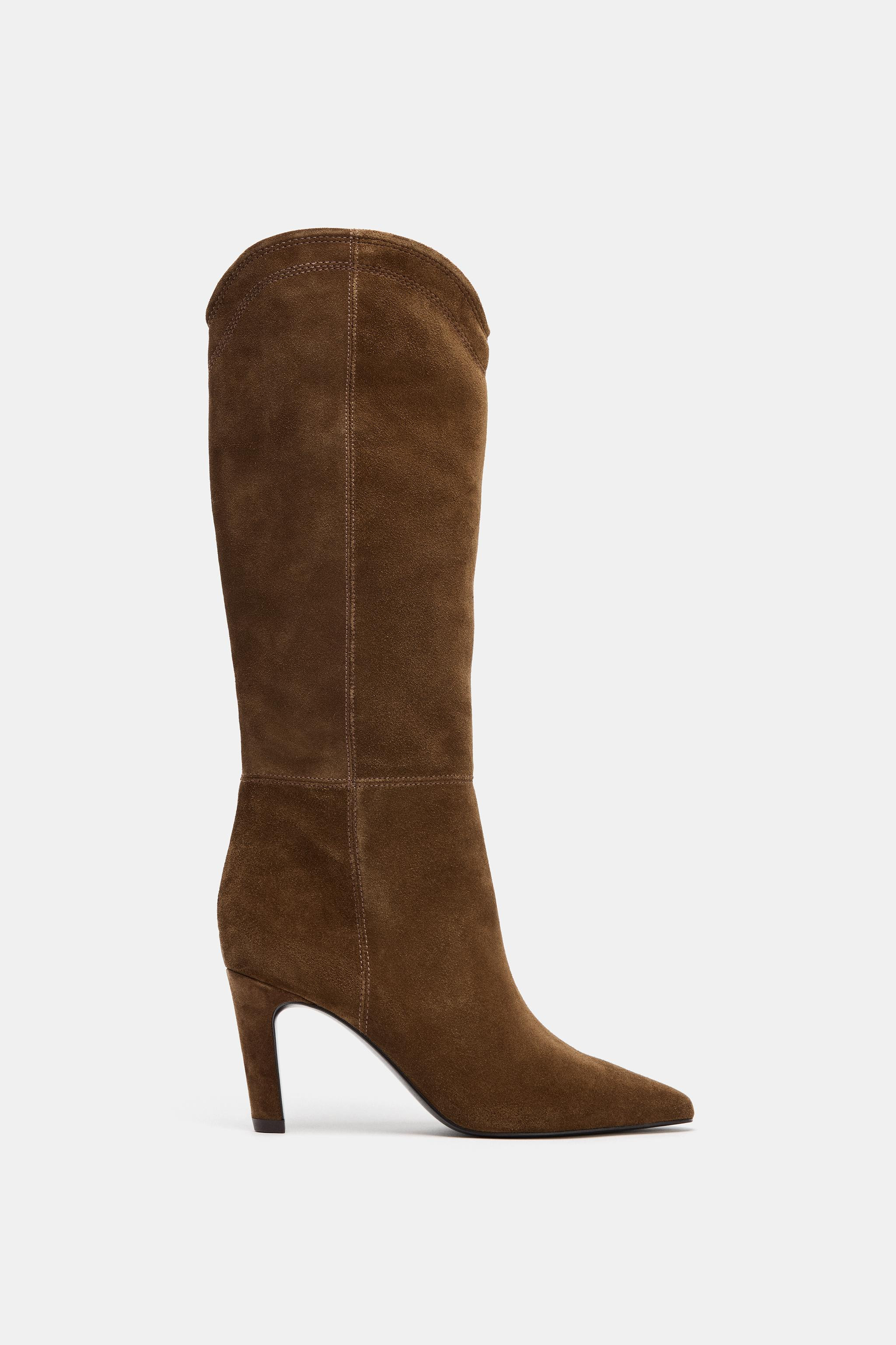 STITCHED SPLIT LEATHER HEELED BOOTS | Zara US