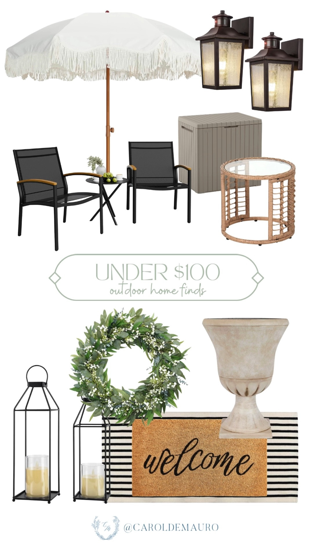 under $100, home finds, outdoor furniture, patio decor, garden umbrella, outdoor sconce lights, patio seating, outdoor rug, concrete planters, wreath, candle holders, home inspo, home decor

#LTKHome