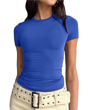 BAIGRAM Women’s Basic Slim fit Crop Top Tee Shirt Short Sleeve Workout Round Neck Cropped Tshir... | Amazon (US)