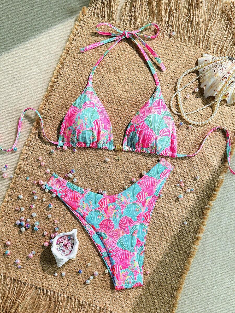 Swim Mod Summer 2 Pieces Outfits For Women - Spaghetti Strap Random Print Top And High Cut Swim B... | SHEIN
