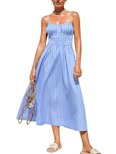 CUPSHE Women's Summer Striped Maxi Dress Spaghetti Strap Shirred Empire Waist Sundress Beach Vacation Flowy A Line Long Dress Blue, S at Amazon Women\u2019s Clothing store | Amazon (US)