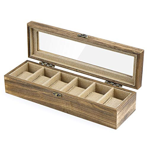 SRIWATANA Watch Box Case Organizer Display for Men Women, 6 Slot Wood Box with Glass Top, Carbonized | Amazon (US)