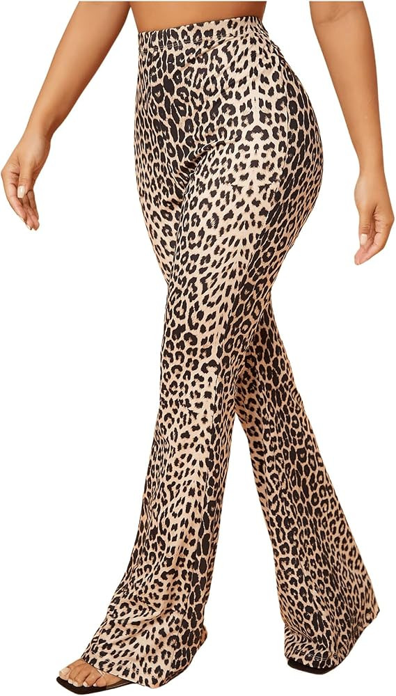 Floerns Women's High Waist Leopard Print Flare Pants Party Bell Bottom Pants | Amazon (US)